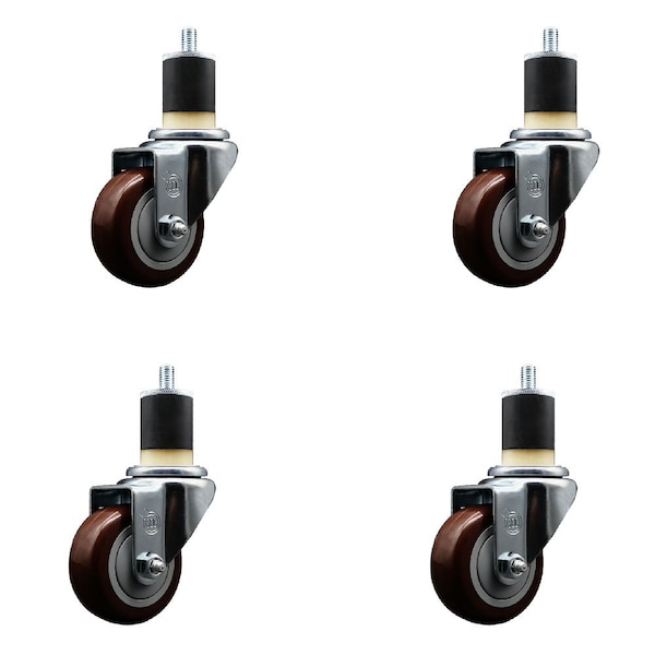 3'' Maroon Poly Wheel Swivel 1-7/8'' Expanding Stem Caster Set, 4PK